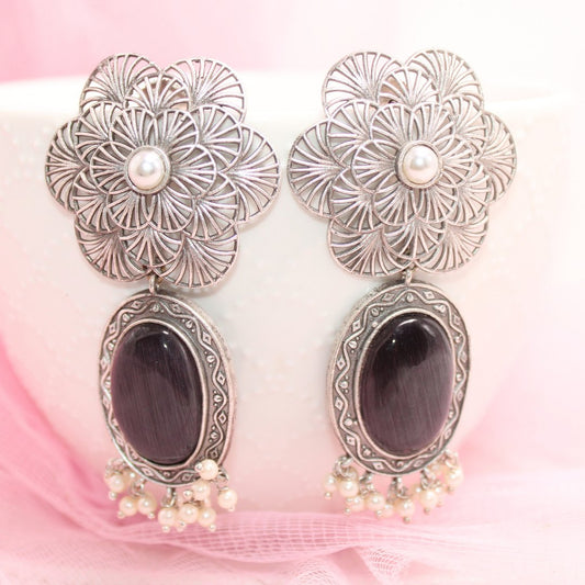 BIG FLOWER JAALI WITH MONALISA STONE EARRING - BLACK