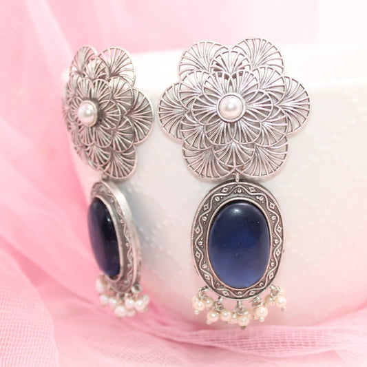 BIG FLOWER JAALI  WITH MONALISA STONE EARRING-BLUE
