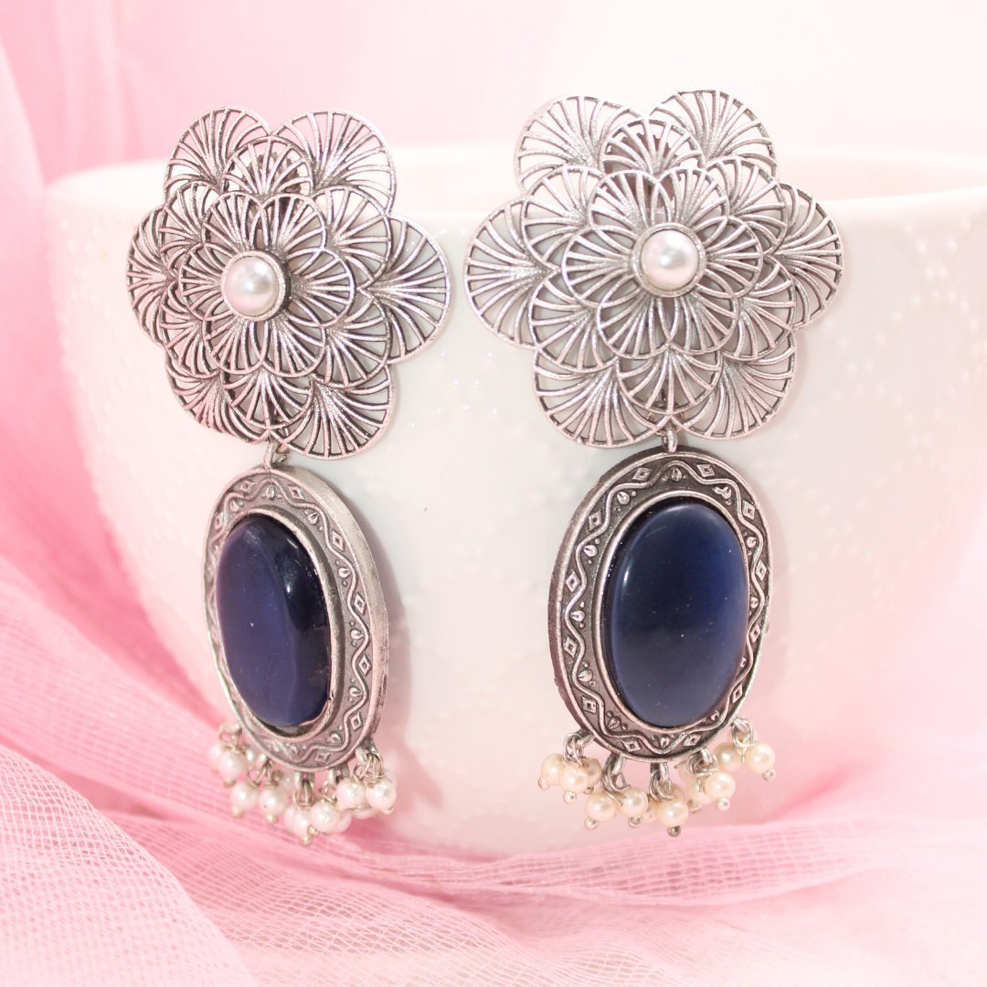 BIG FLOWER JAALI  WITH MONALISA STONE EARRING-BLUE