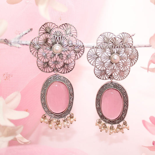 BIG FLOWER JAALI  WITH MONALISA STONE EARRING-PINK