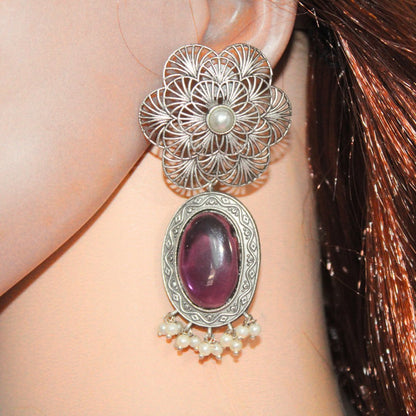 BIG FLOWER JAALI WITH MONALISA STONE EARRING - PURPLE