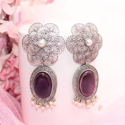 BIG FLOWER JAALI  WITH MONALISA STONE EARRING-PURPLE