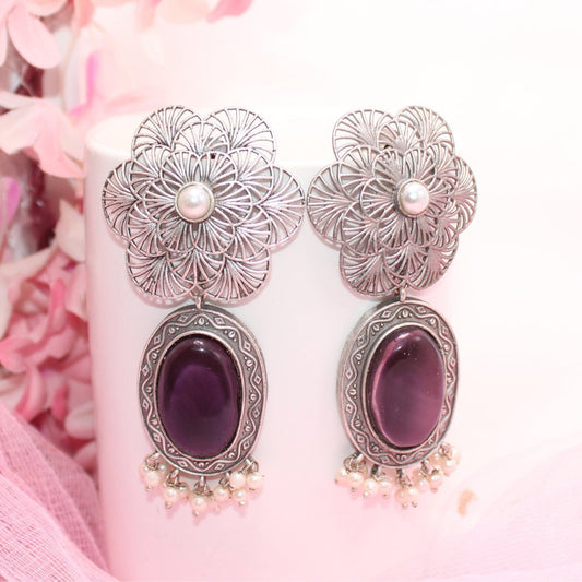 BIG FLOWER JAALI  WITH MONALISA STONE EARRING-PURPLE