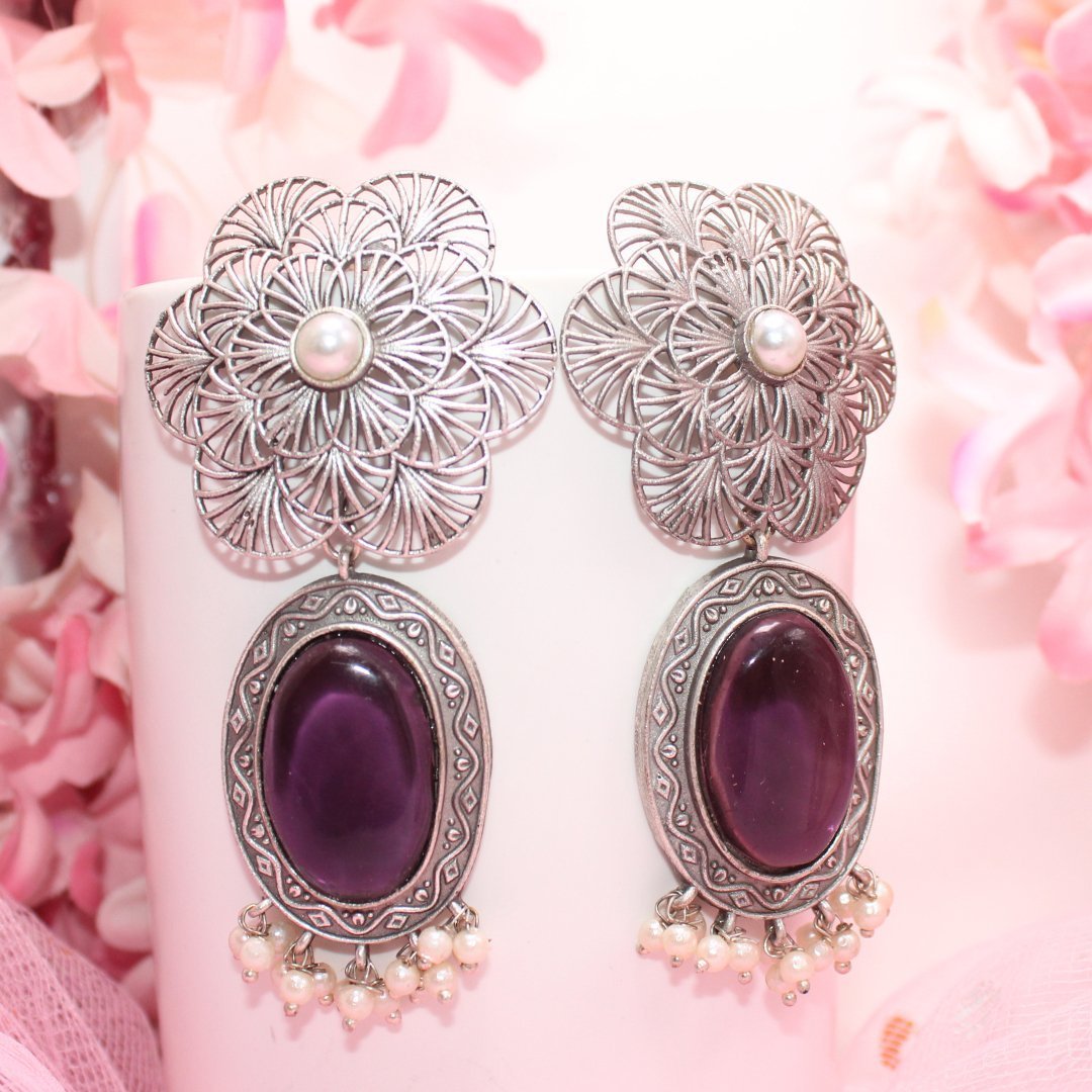 BIG FLOWER JAALI  WITH MONALISA STONE EARRING-PURPLE