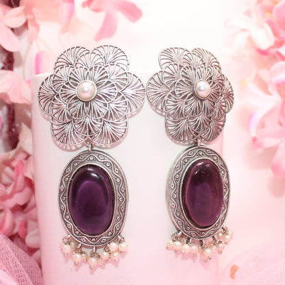 BIG FLOWER JAALI  WITH MONALISA STONE EARRING-PURPLE