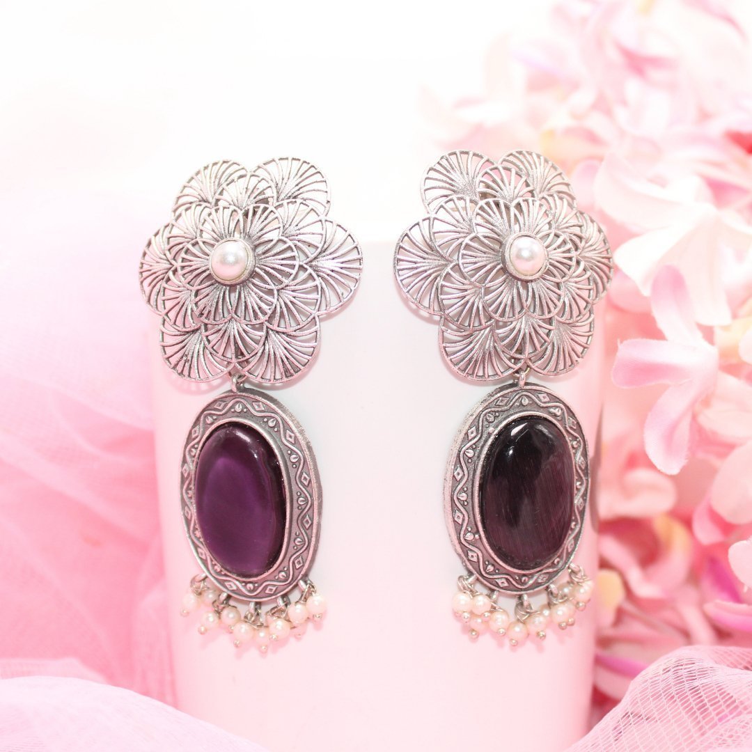 BIG FLOWER JAALI  WITH MONALISA STONE EARRING-PURPLE