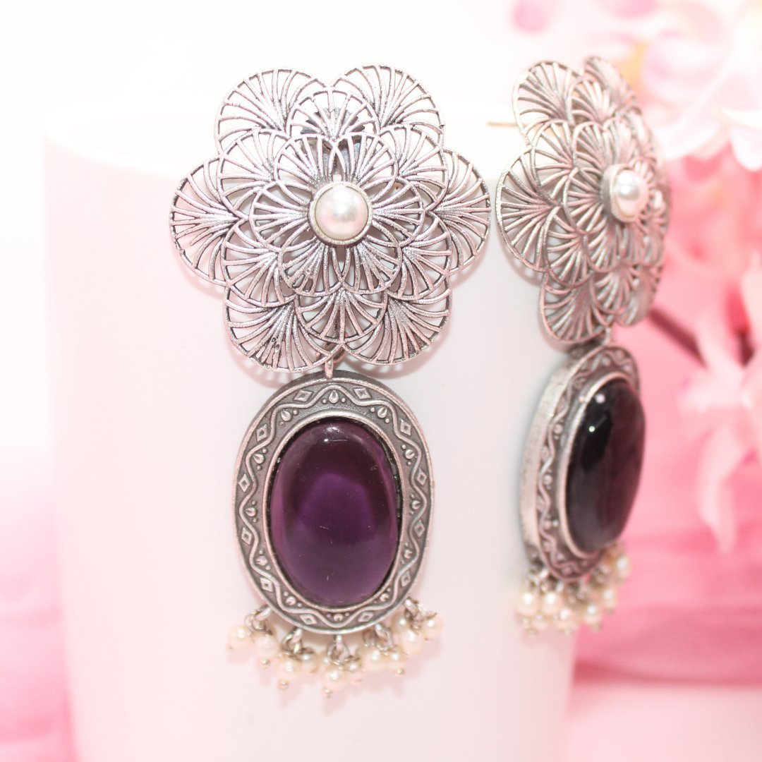 BIG FLOWER JAALI  WITH MONALISA STONE EARRING-PURPLE