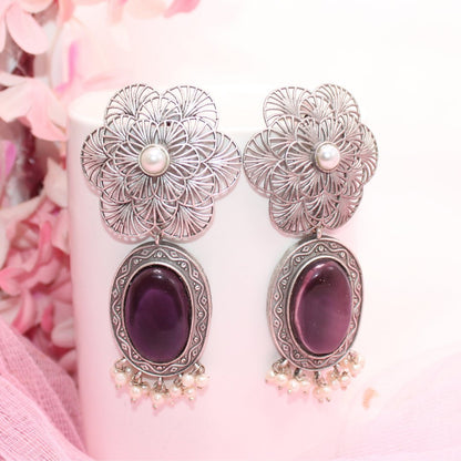 BIG FLOWER JAALI WITH MONALISA STONE EARRING - PURPLE