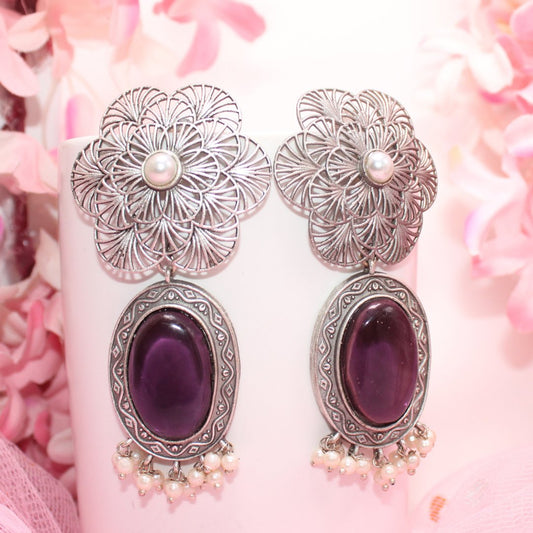 BIG FLOWER JAALI WITH MONALISA STONE EARRING - PURPLE
