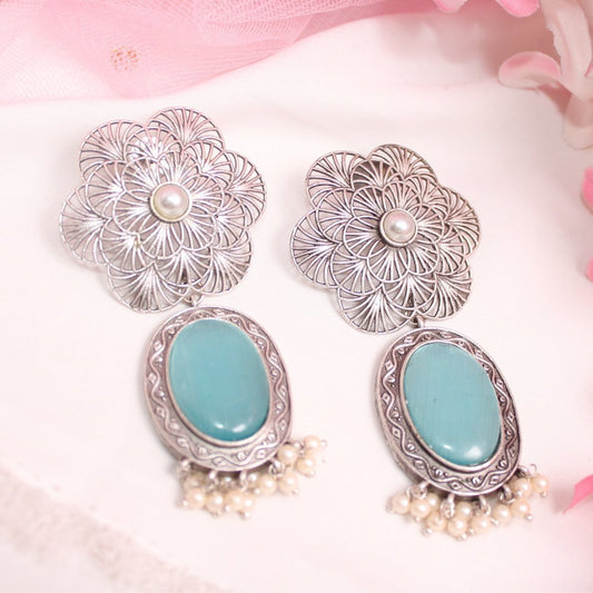BIG FLOWER JAALI  WITH MONALISA STONE EARRING-SKY BLUE