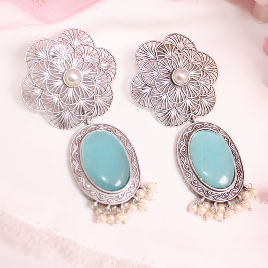 BIG FLOWER JAALI WITH MONALISA STONE EARRING - SKY BLUE