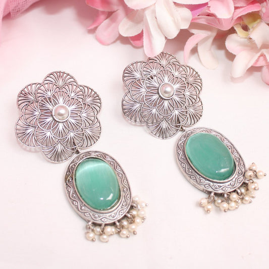 BIG FLOWER JAALI WITH MONALISA STONE EARRING - TURQUOISE