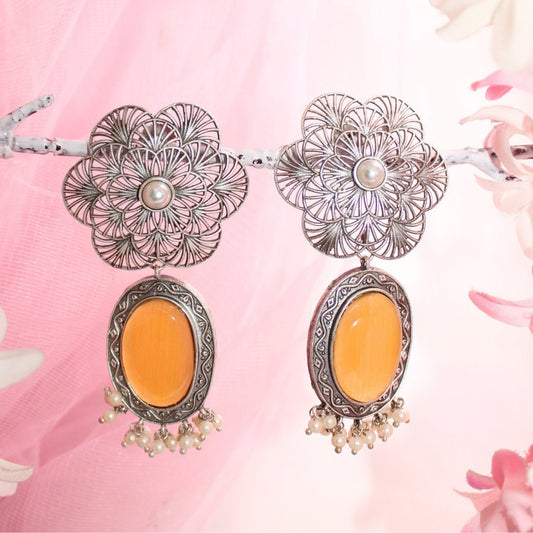BIG FLOWER JAALI WITH MONALISA STONE EARRING - YELLOW