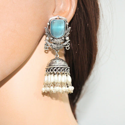 BIG STONE GULDASTA JHUMKA WITH PEARL & STONE - SKY BLUE