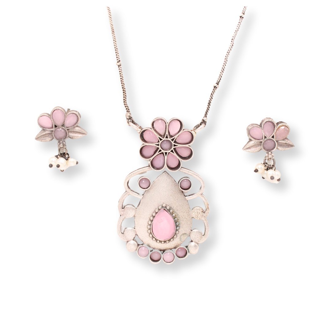 BIG TEAR-DROP WITH STONE PENDANT SET-PINK