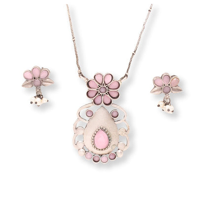 BIG TEAR-DROP WITH STONE PENDANT SET-PINK