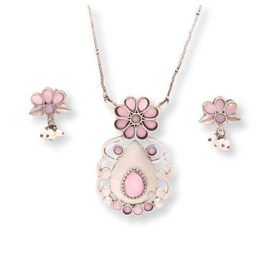 BIG TEAR-DROP WITH STONE PENDANT SET-PINK