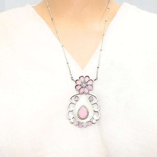 BIG TEAR-DROP WITH STONE PENDANT SET-PINK