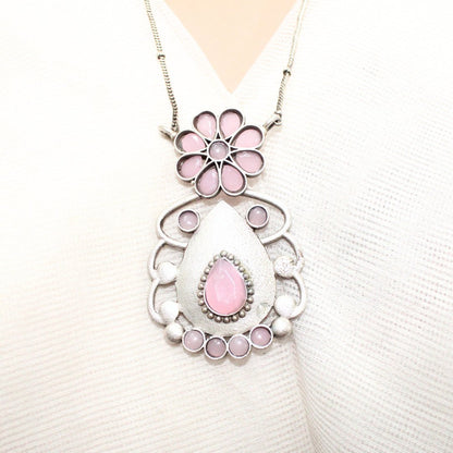 BIG TEAR - DROP WITH STONE PENDANT SET - PINK