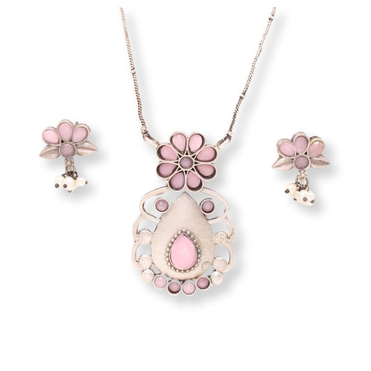 BIG TEAR - DROP WITH STONE PENDANT SET - PINK
