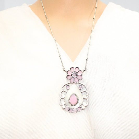 BIG TEAR - DROP WITH STONE PENDANT SET - PINK