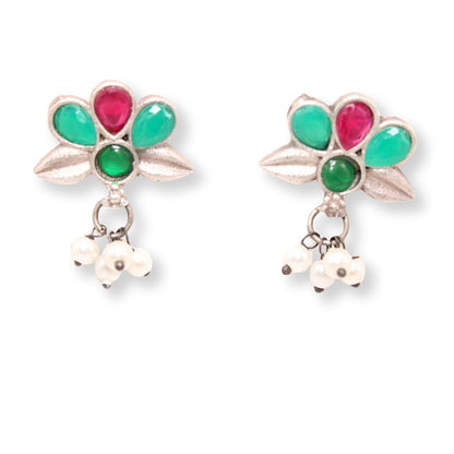 BIG TEAR-DROP WITH STONE PENDANT SET-RED & GREEN