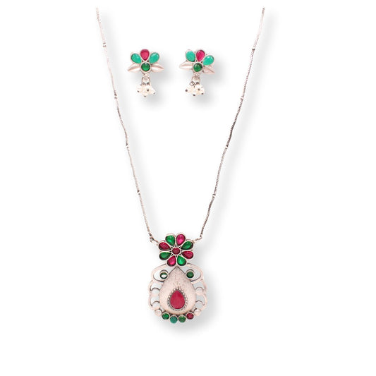 BIG TEAR - DROP WITH STONE PENDANT SET - RED & GREEN