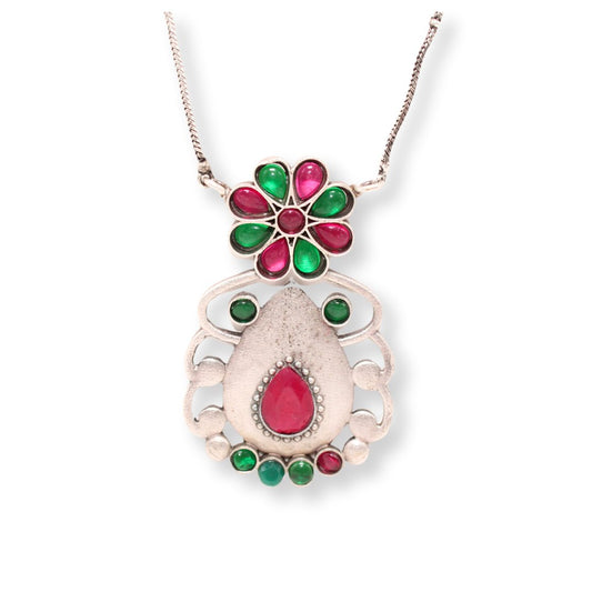 BIG TEAR - DROP WITH STONE PENDANT SET - RED & GREEN