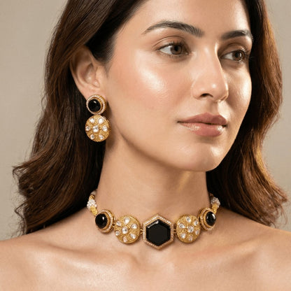 Black Kundan Choker Necklace Set – Handcrafted Gold-Plated Bridal Jewellery