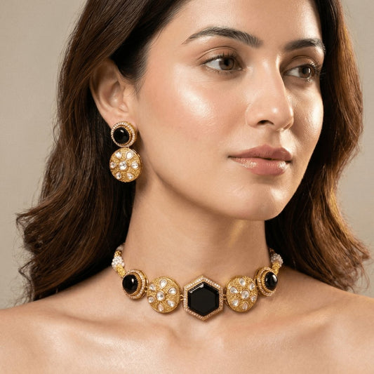 Black Kundan Choker Necklace Set – Handcrafted Gold-Plated Bridal Jewellery