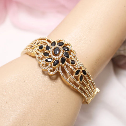 Black Stone Floral AD Openable Kada – Gold Finish Designer Bracelet