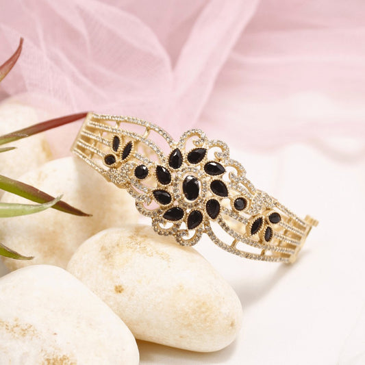 Black Stone Floral AD Openable Kada – Gold Finish Designer Bracelet
