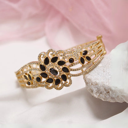 Black Stone Floral AD Openable Kada – Gold Finish Designer Bracelet