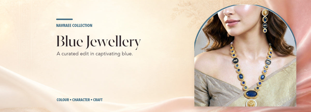 Blue Jewellery collection header banner featuring Royal Panther Blue Long Necklace Set – Handcrafted Gold-Plated Heritage Jewellery