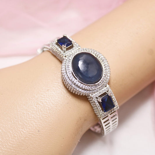 Blue Stone Openable Kada – Silver Finish Designer Bracelet