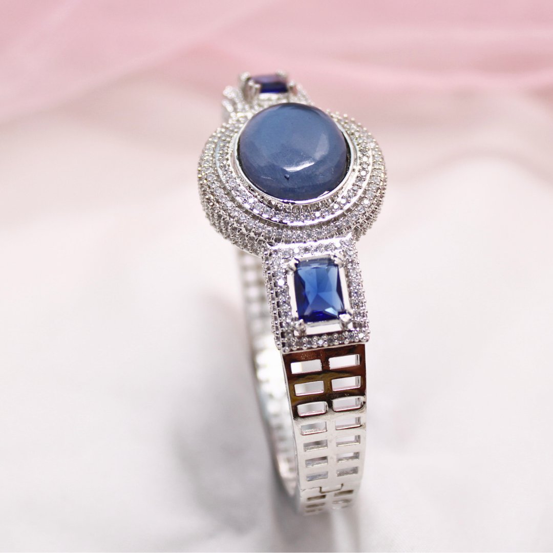 Blue Stone Openable Kada – Silver Finish Designer Bracelet