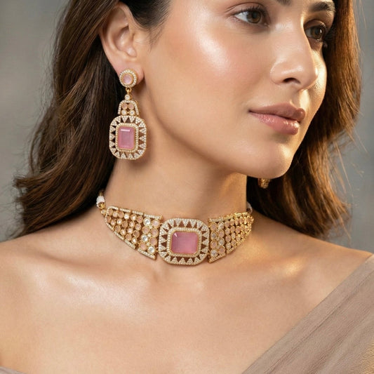 Blush Pink Royal Choker Necklace Set – Handcrafted Gold-Plated Bridal Jewellery