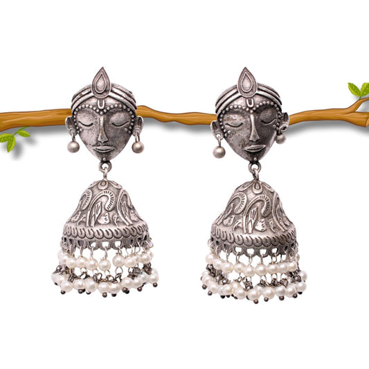 BOHO JHUMKI IN FACE PATTERN - WHITE MATTE SILVER LOOK ALIKE