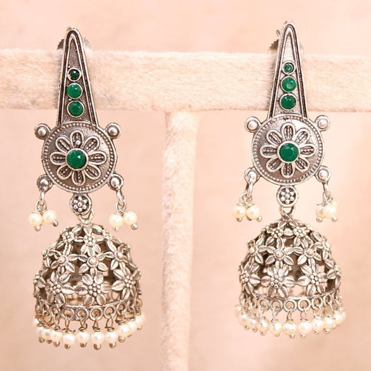 BOHO JHUMKI IN FLOWER JALI PATTERN- WHITE MATTE SILVER LOOK ALIKE-GREEN