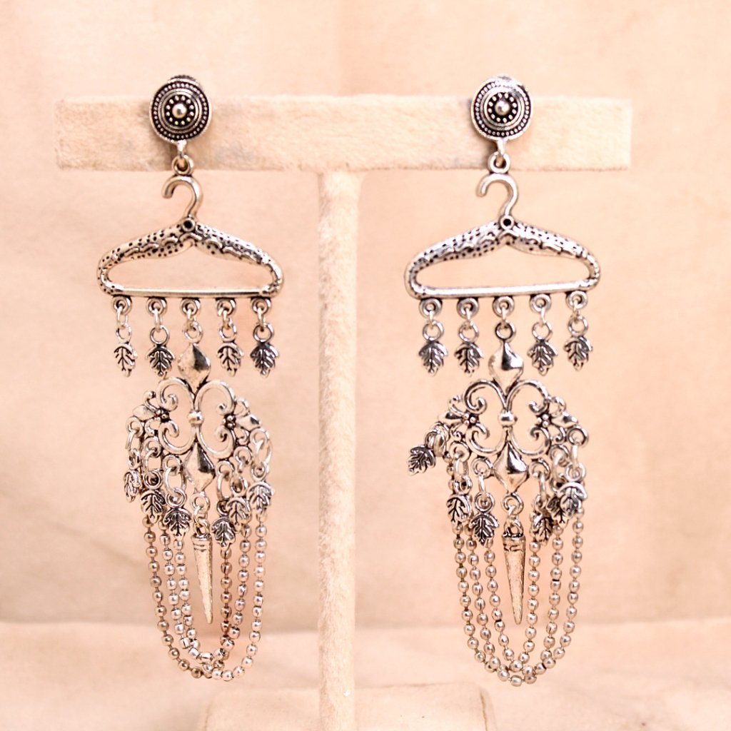 BOHO JHUMKI IN HANGER PATTERN- WHITE MATTE SILVER LOOK ALIKE