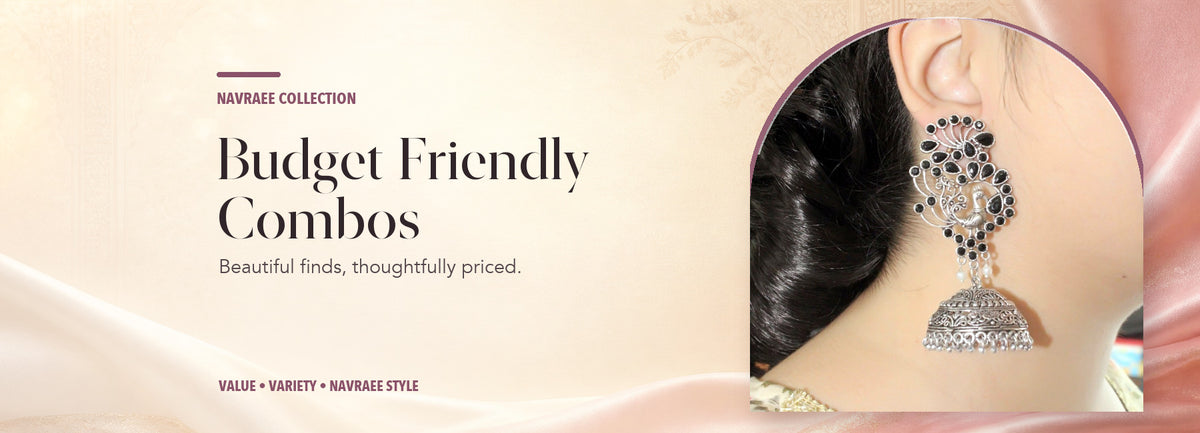 Budget-Friendly Combos collection header banner featuring Navraee Festive Jhumka Edit — 5 Designer Jhumkas @ ₹1,299