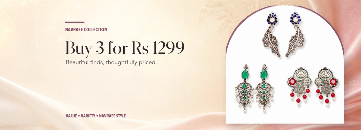Buy 3 for Rs 1299 collection header banner featuring Navraee Botanical Earring Trio — 3 Different Designs @ ₹1,299