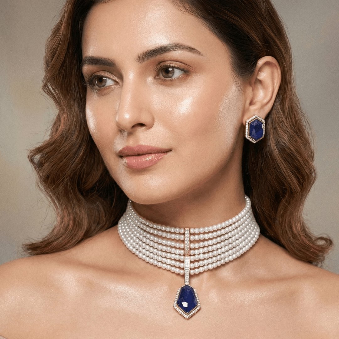 Celebrity-Inspired Blue Doublet Stone Pearl Choker