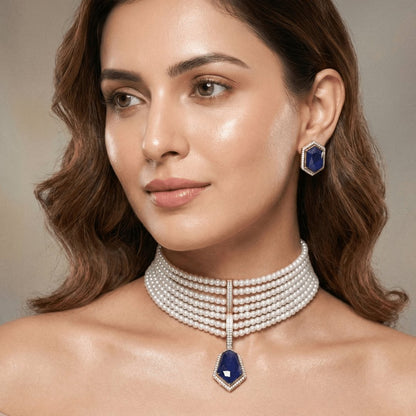 Celebrity-Inspired Blue Doublet Stone Pearl Choker