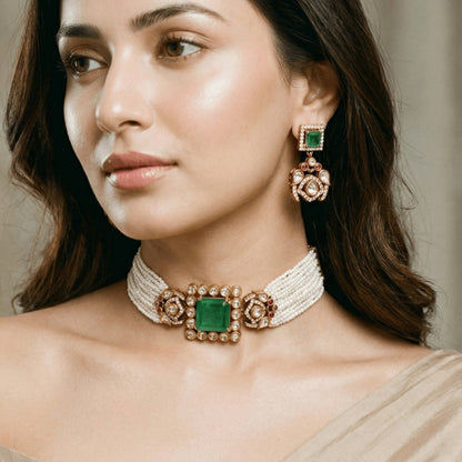 Celebrity-Inspired Emerald Green Doublet Stone Pearl Choker Set