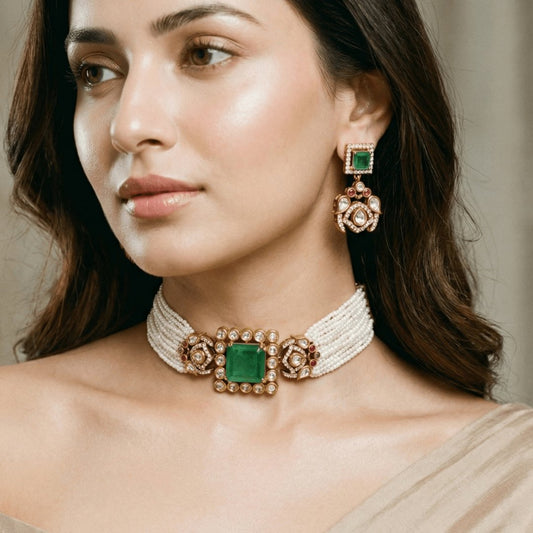 Celebrity-Inspired Emerald Green Doublet Stone Pearl Choker Set