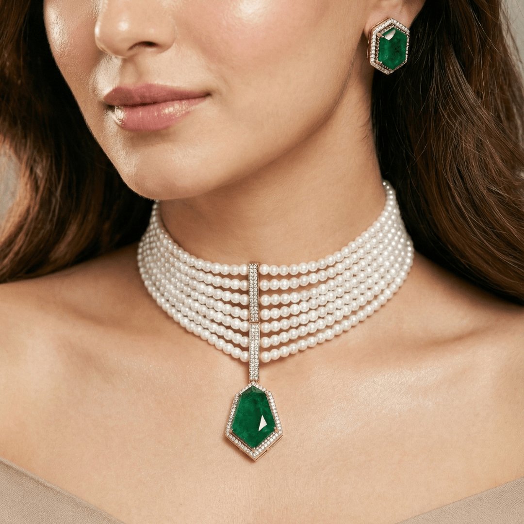 Celebrity-Inspired Green Doublet Stone Pearl Choker