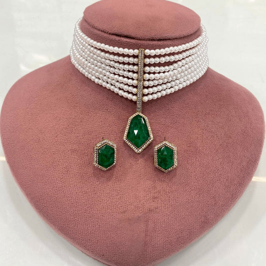 Celebrity-Inspired Green Doublet Stone Pearl Choker