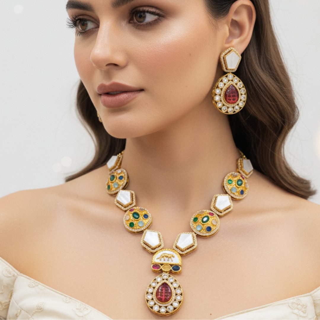 Celebrity-Inspired Multicolour Stone + Mother of Pearl Necklace Set with Red Doublet Pendant