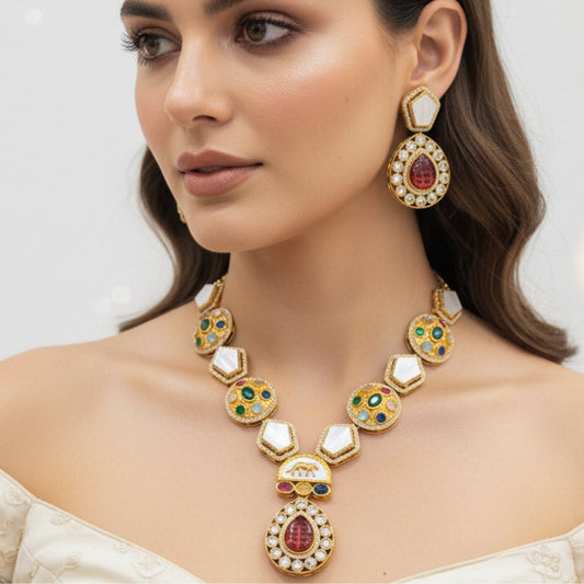 Celebrity-Inspired Multicolour Stone + Mother of Pearl Necklace Set with Red Doublet Pendant